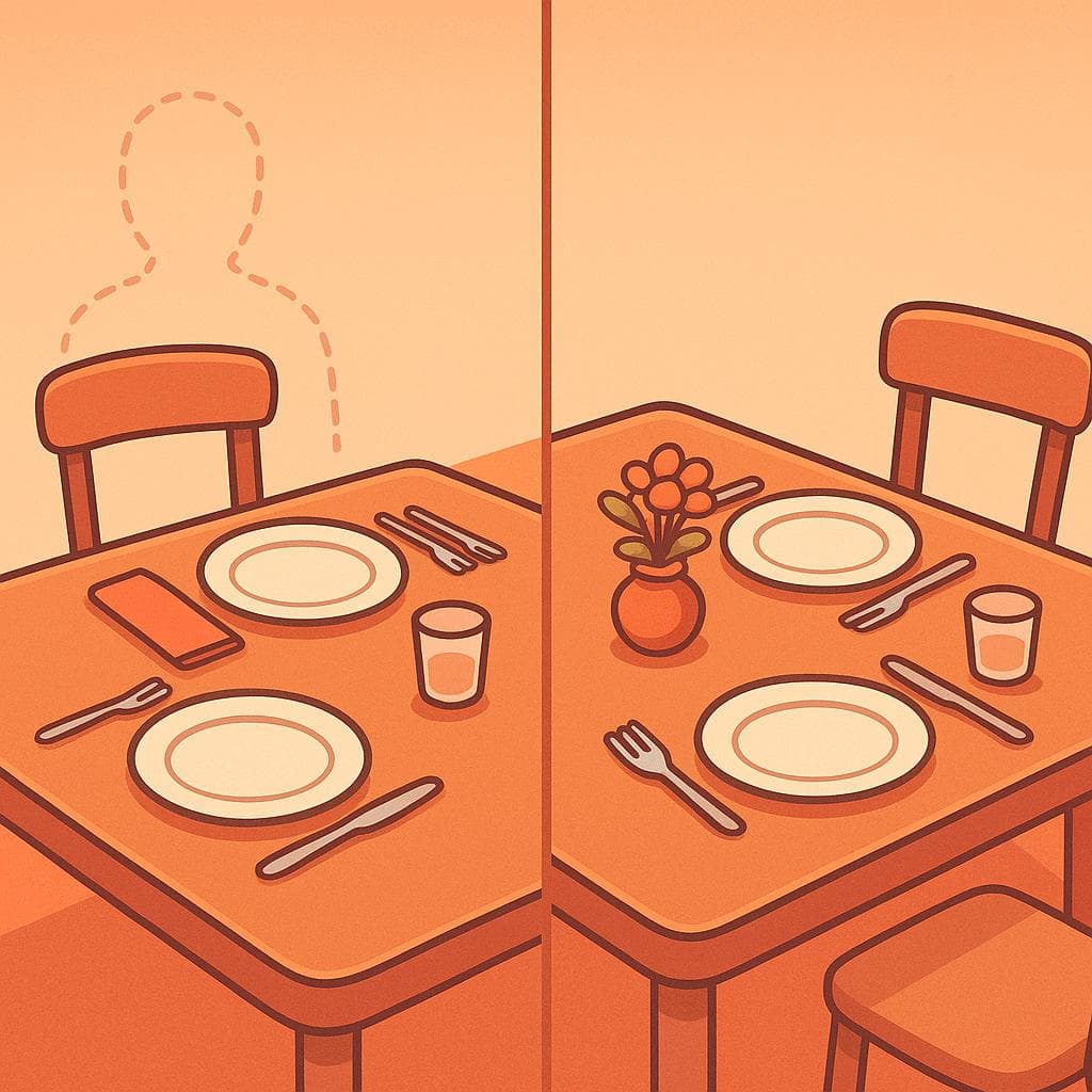 Split-screen showing faltar (missing items) vs sobrar (extra items).