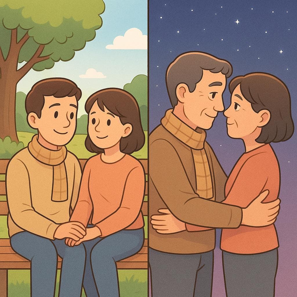 Split-screen showing querer (warm affection between friends) vs amar (deep romantic love between partners).