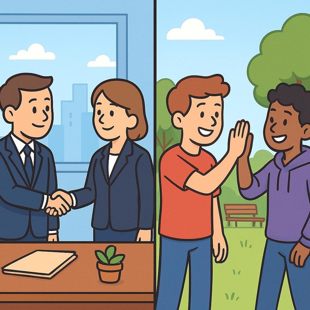 Split-screen showing 'ambos' in a formal setting and 'los dos' in a casual setting.