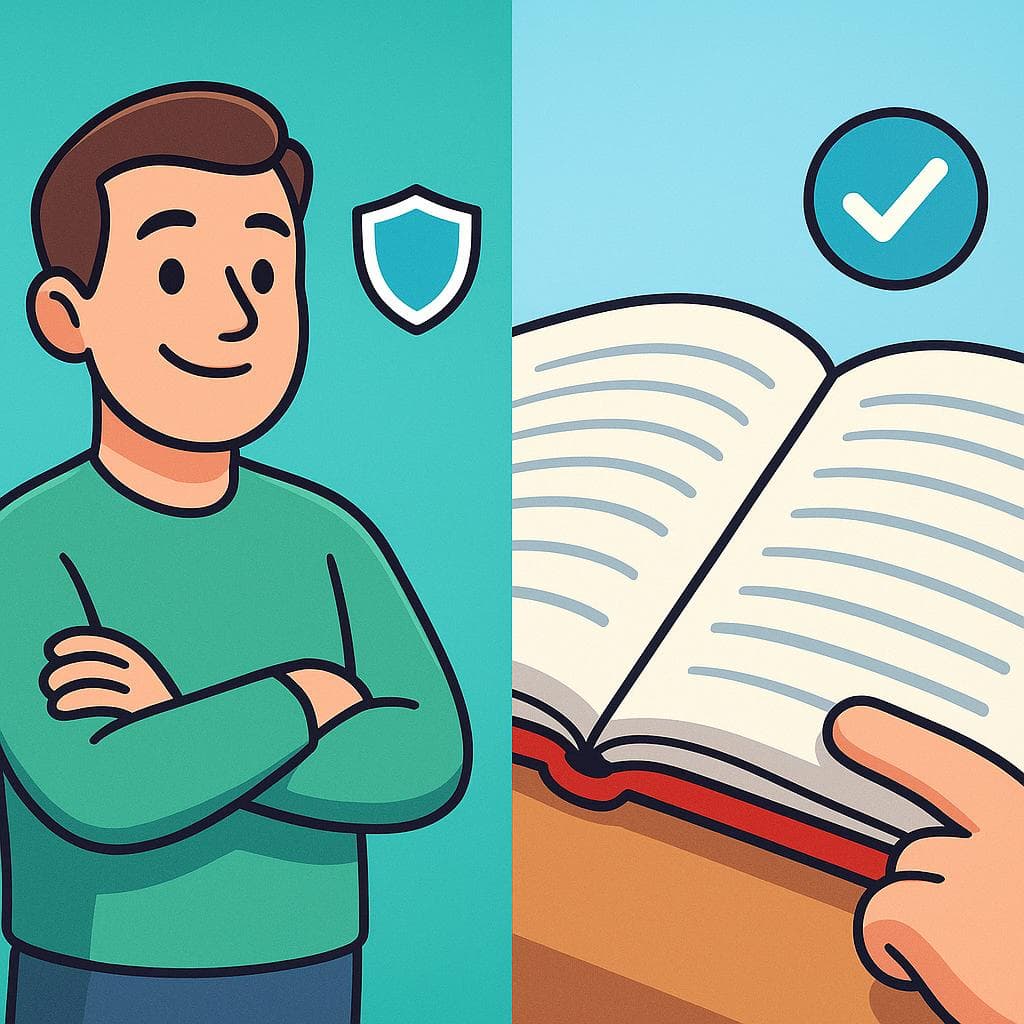 Split-screen contrasting 'seguro' (a person feeling confident) with 'cierto' (a fact in a book).