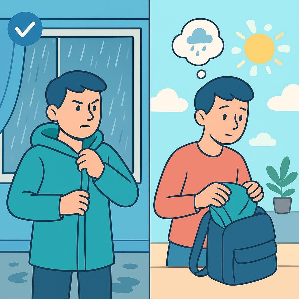 직설법(알려진 사실) 대 접속법(가상적 가능성)을 보여주는 화면 분할.