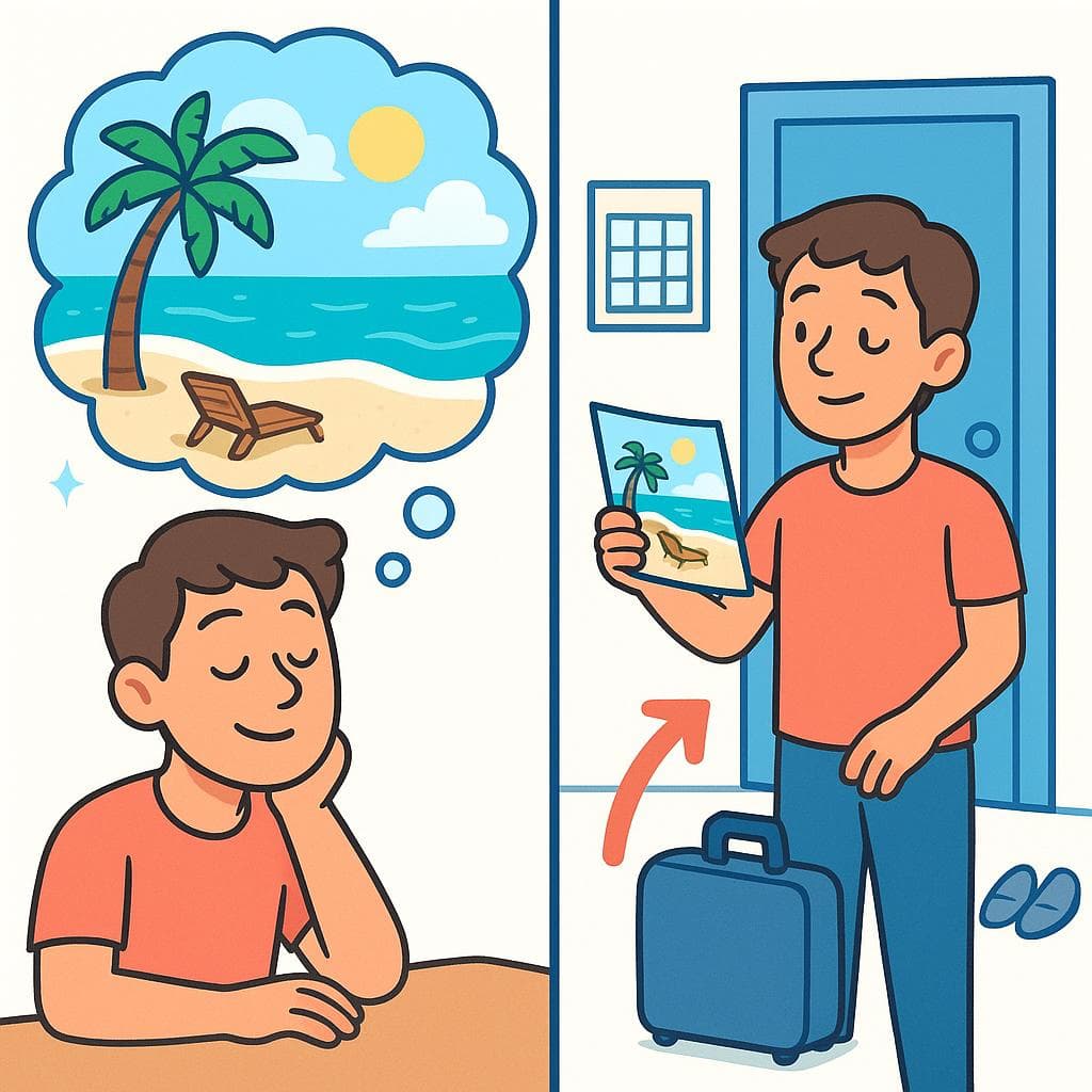 Split-screen showing a thought bubble for the imperfect subjunctive ('if') and a real-world action for the conditional ('would').