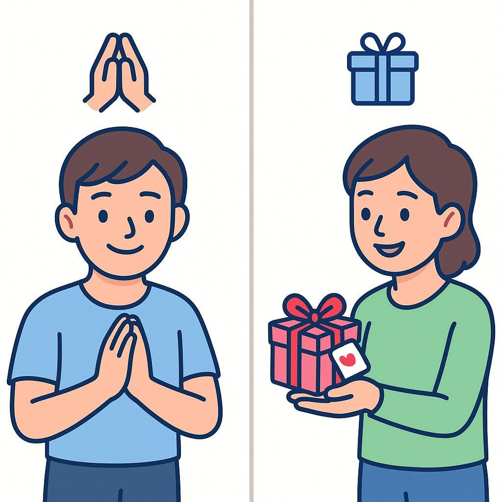 Agradecer는 직접적이고 단일한 행동으로, dar las gracias는 감사라는 선물을 주는 행위로 보여주는 화면 분할 이미지.