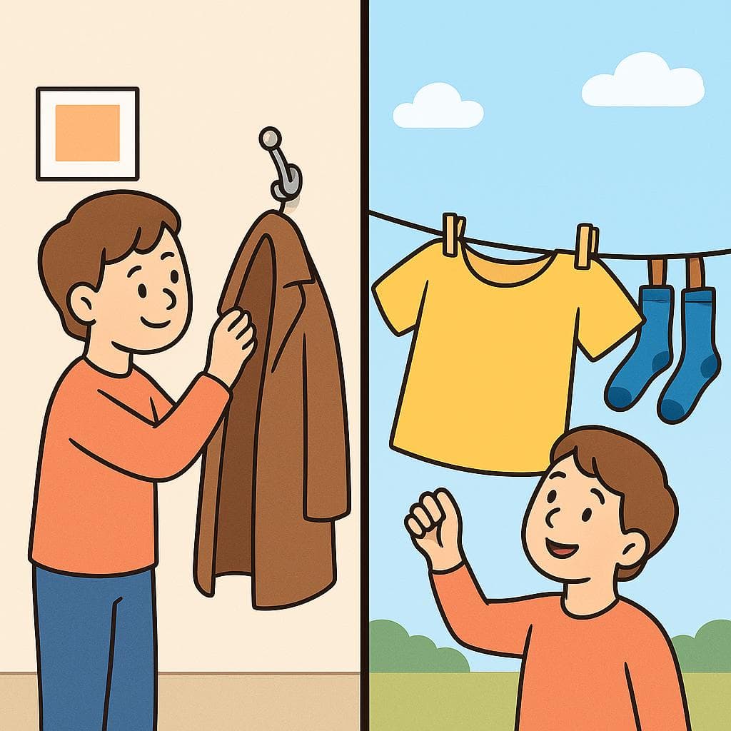 Split-screen showing colgar (hanging a coat on a hook) vs tender (spreading laundry on a clothesline).