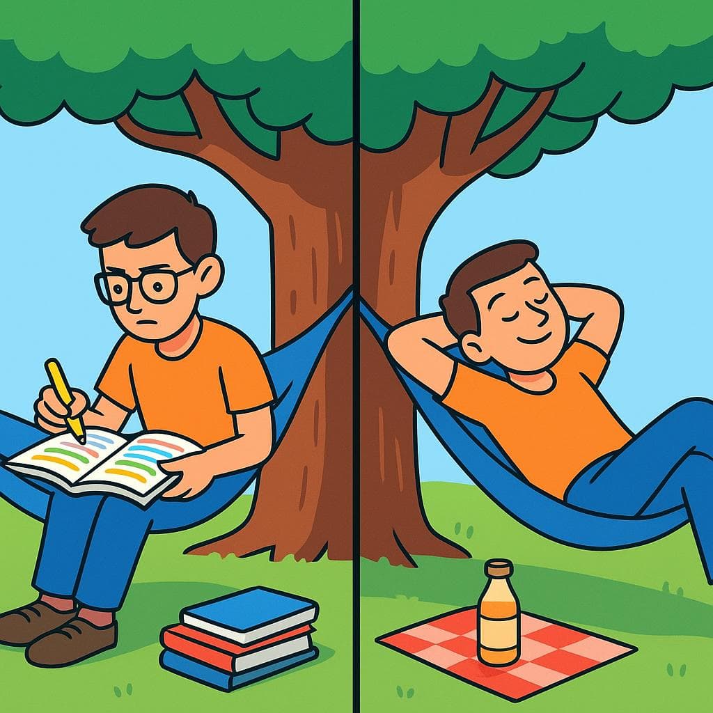 시간을 활용하는 사람과 시간을 즐기는 사람을 보여주는 분할 화면.