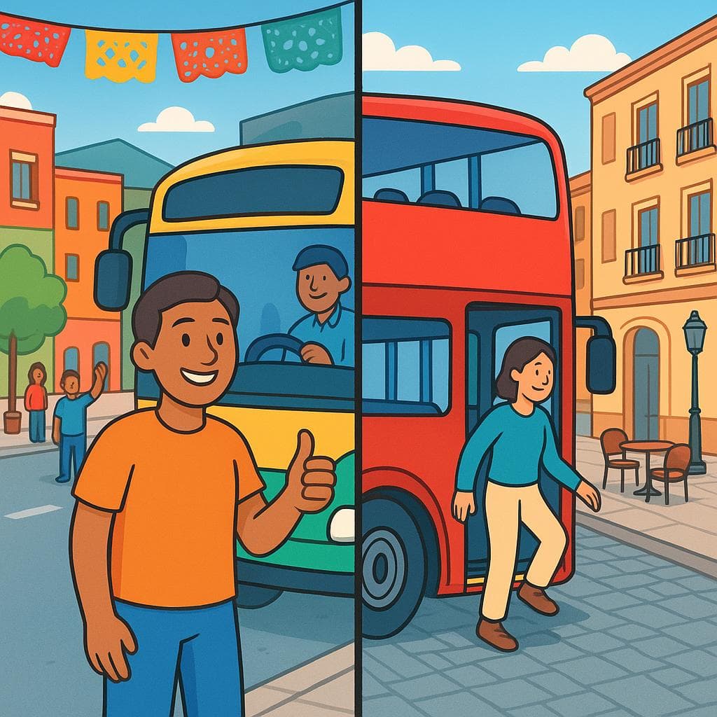 Split screen showing a person safely grabbing a bus in Latin America vs a person taking a bus in Spain.