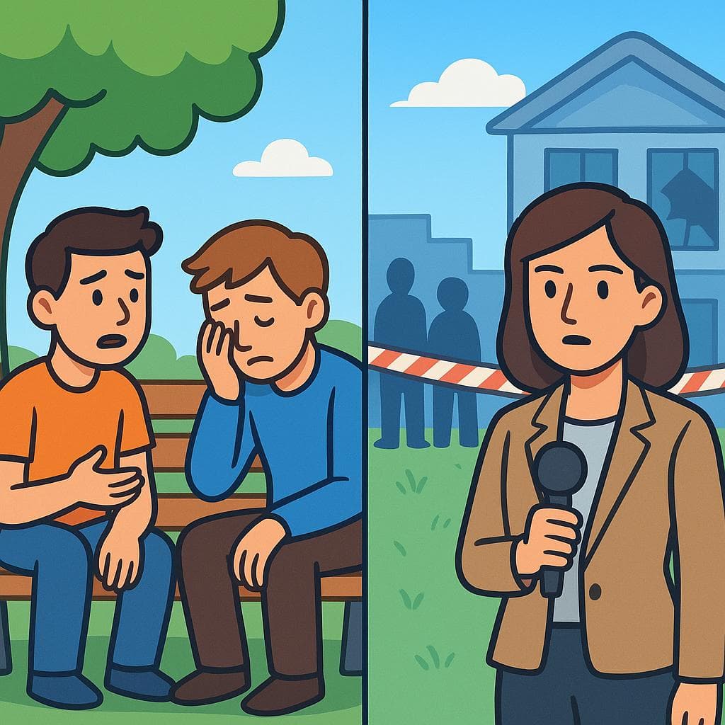 Split-screen showing pasar (two friends casually talking) versus suceder (a news reporter at a formal event).