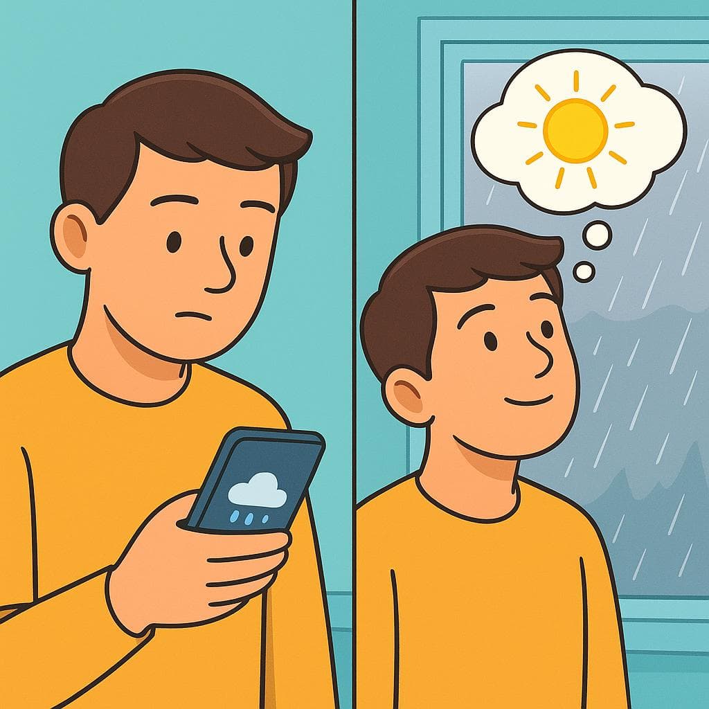 Split-screen showing indicative (objective reality, a weather report) vs subjunctive (subjective feeling, hoping for sun).