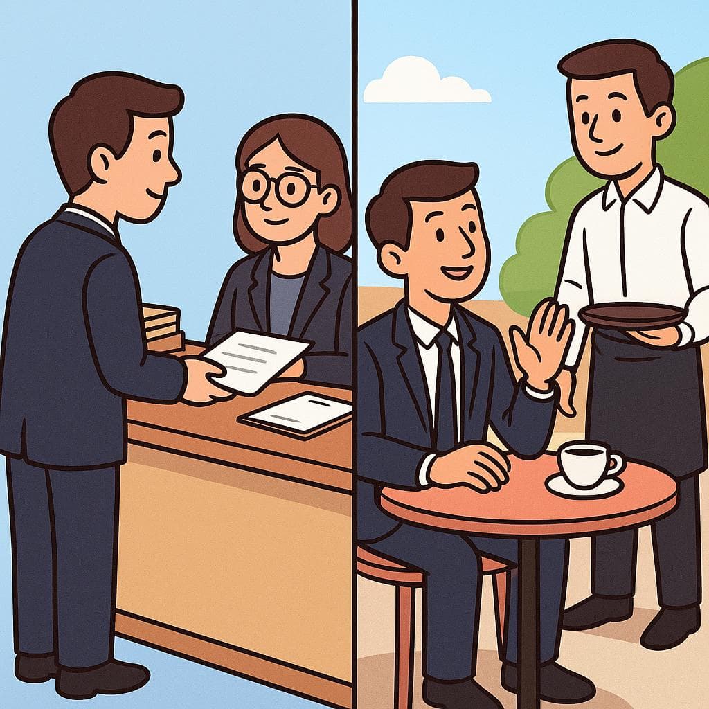 Split-screen showing solicitar (formal application) vs pedir (casual asking) with visual examples.