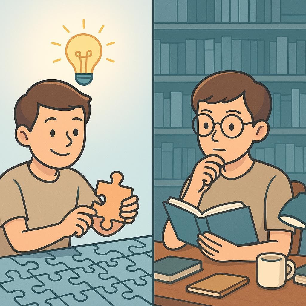Split-screen showing listo (a person quickly solving a puzzle) vs inteligente (a person reading a thick book).