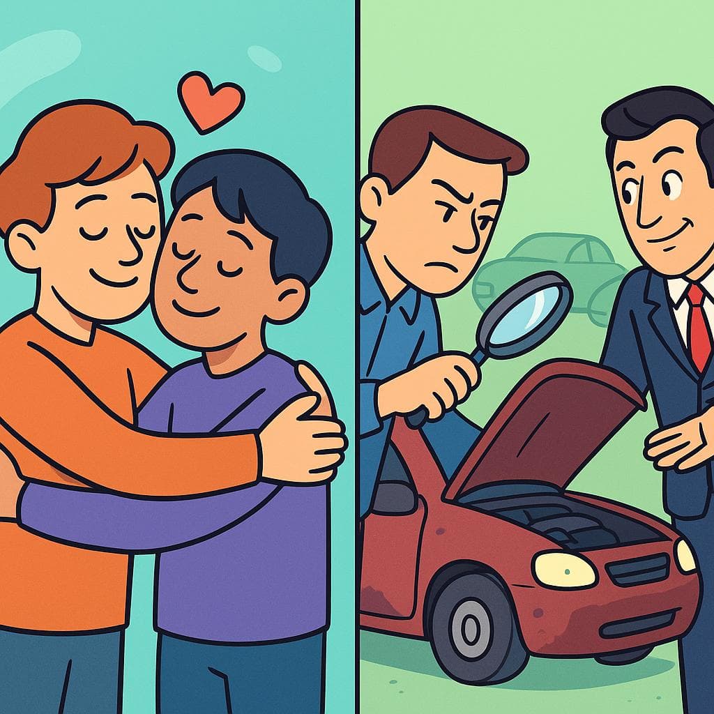 Split screen showing 'confiar en' (deep, emotional trust) vs 'fiarse de' (practical, cautious trust).