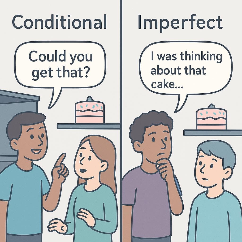 A split screen comparing a direct polite request (Conditional) with an indirect one (Imperfect).