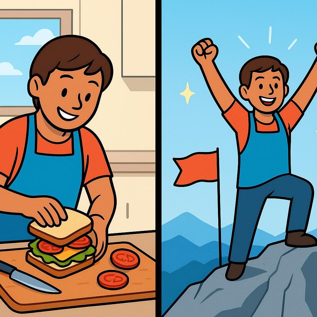 Split-screen showing 'hacer' (doing a simple task) vs 'realizar' (achieving a big goal).