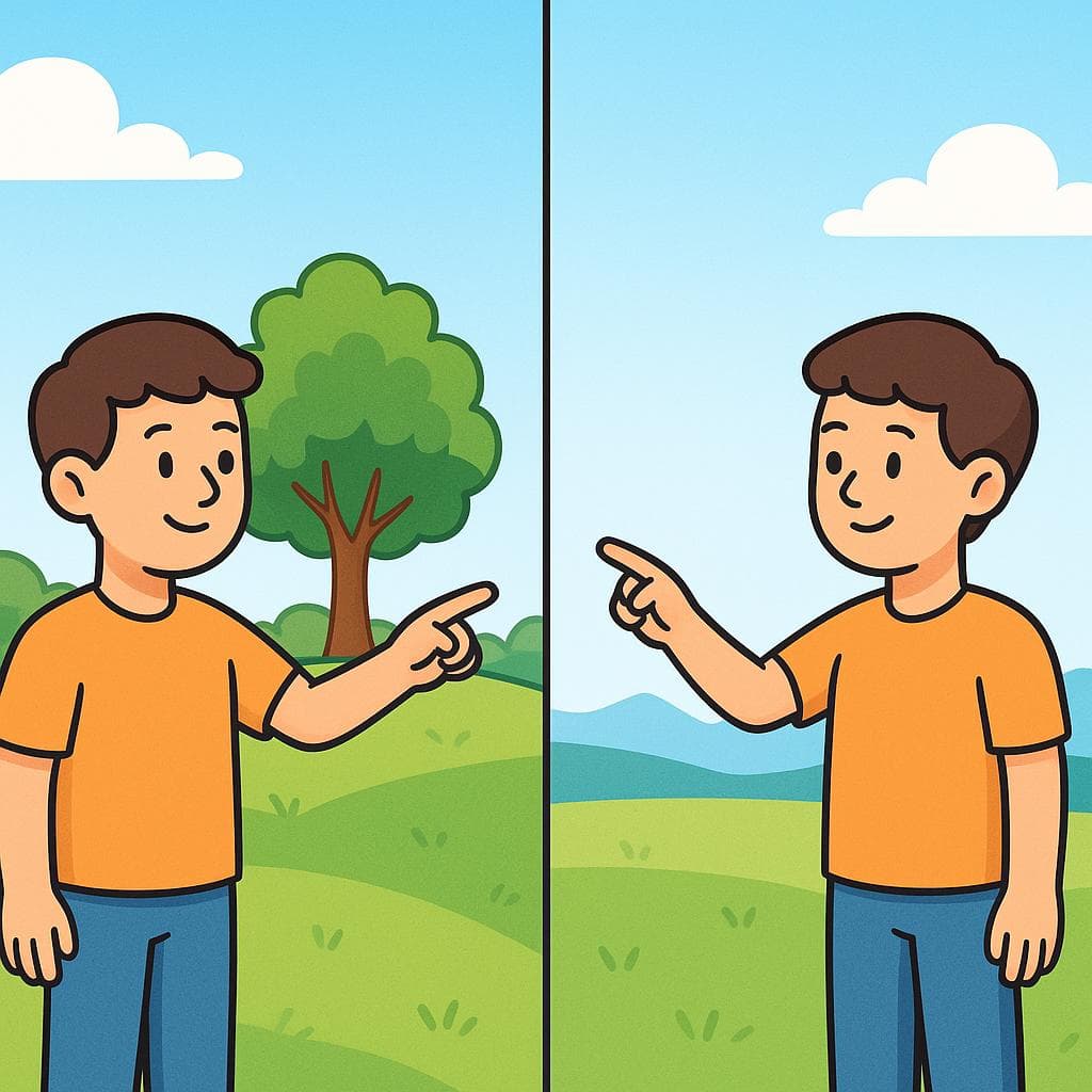 A split-screen cartoon showing the difference between 'ahí' (there) and 'allá' (way over there) based on distance from the speaker.