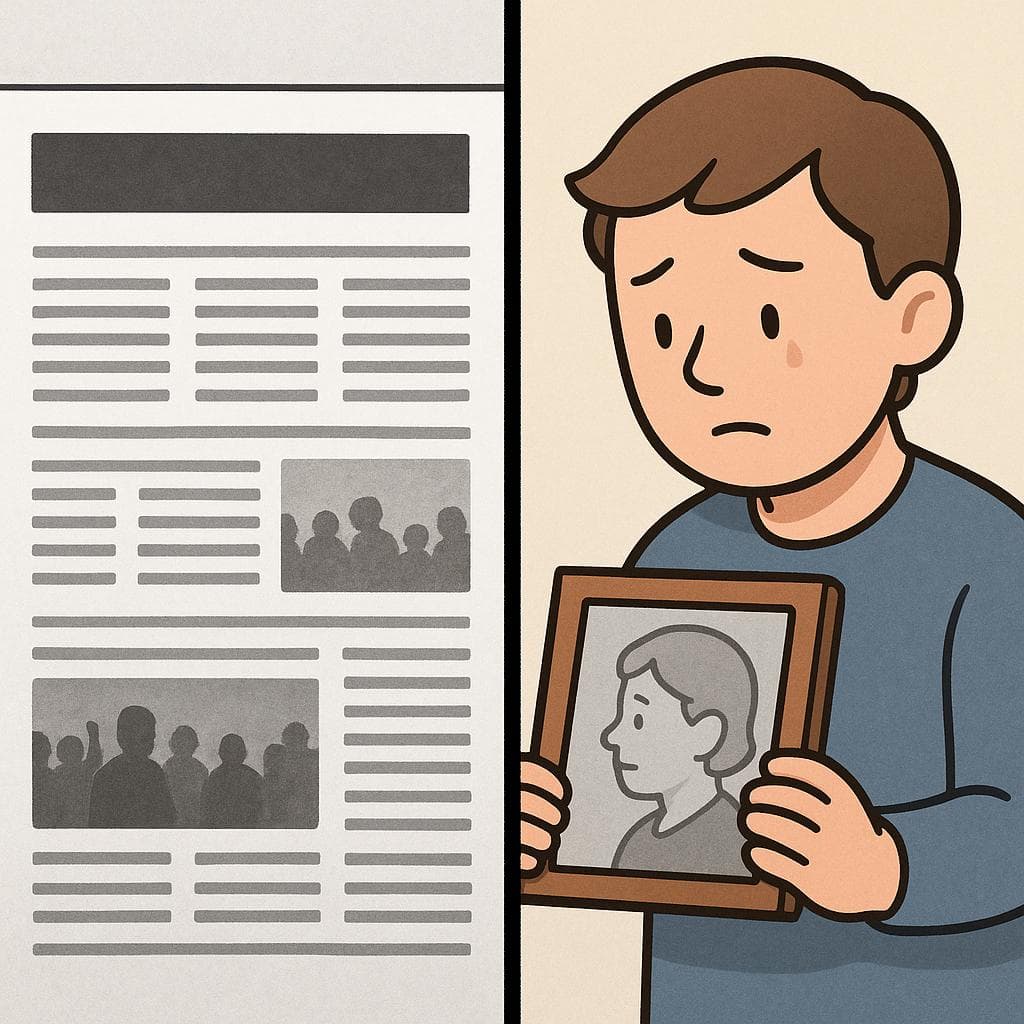 Split screen showing 'morir' as a newspaper headline and 'morirse' as a person mourning a family member.
