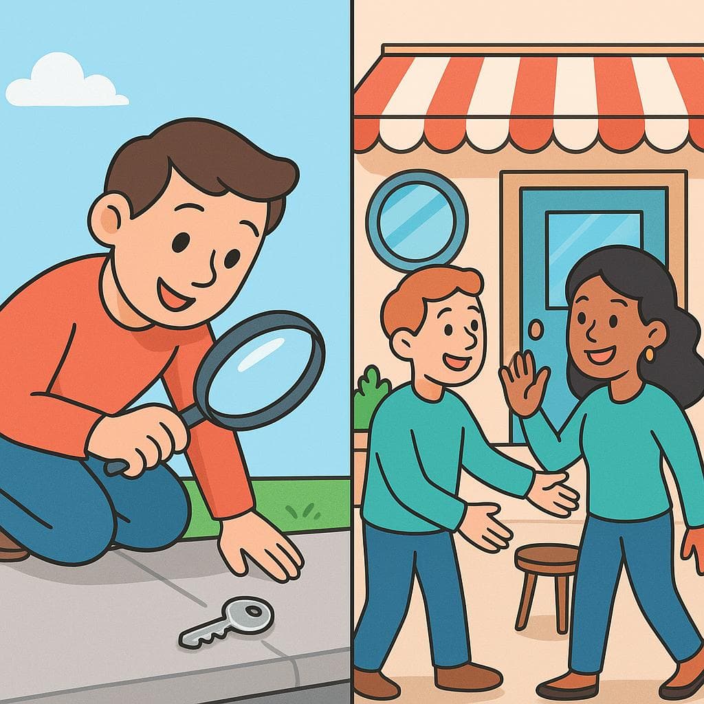 Split-screen showing 'encontrar' (a person finding a lost key) vs 'encontrarse' (two people meeting at a cafe).