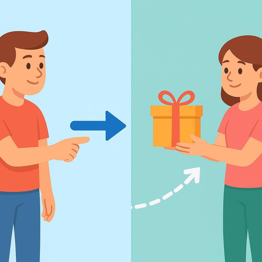 Split-screen showing the difference between 'la' (direct action) and 'le' (receiving something).