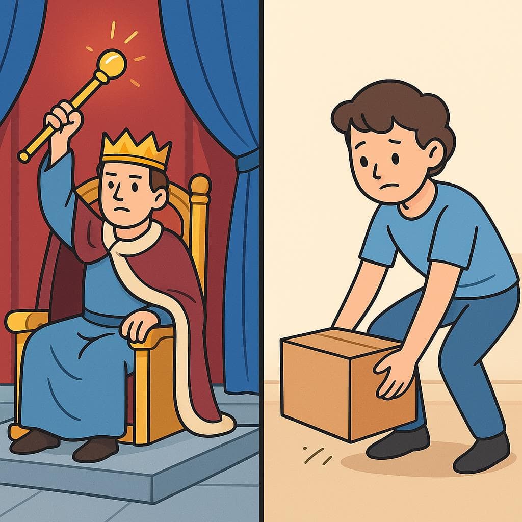 Split-screen comparing alzar (a king raising a scepter) and levantar (a person lifting a box).