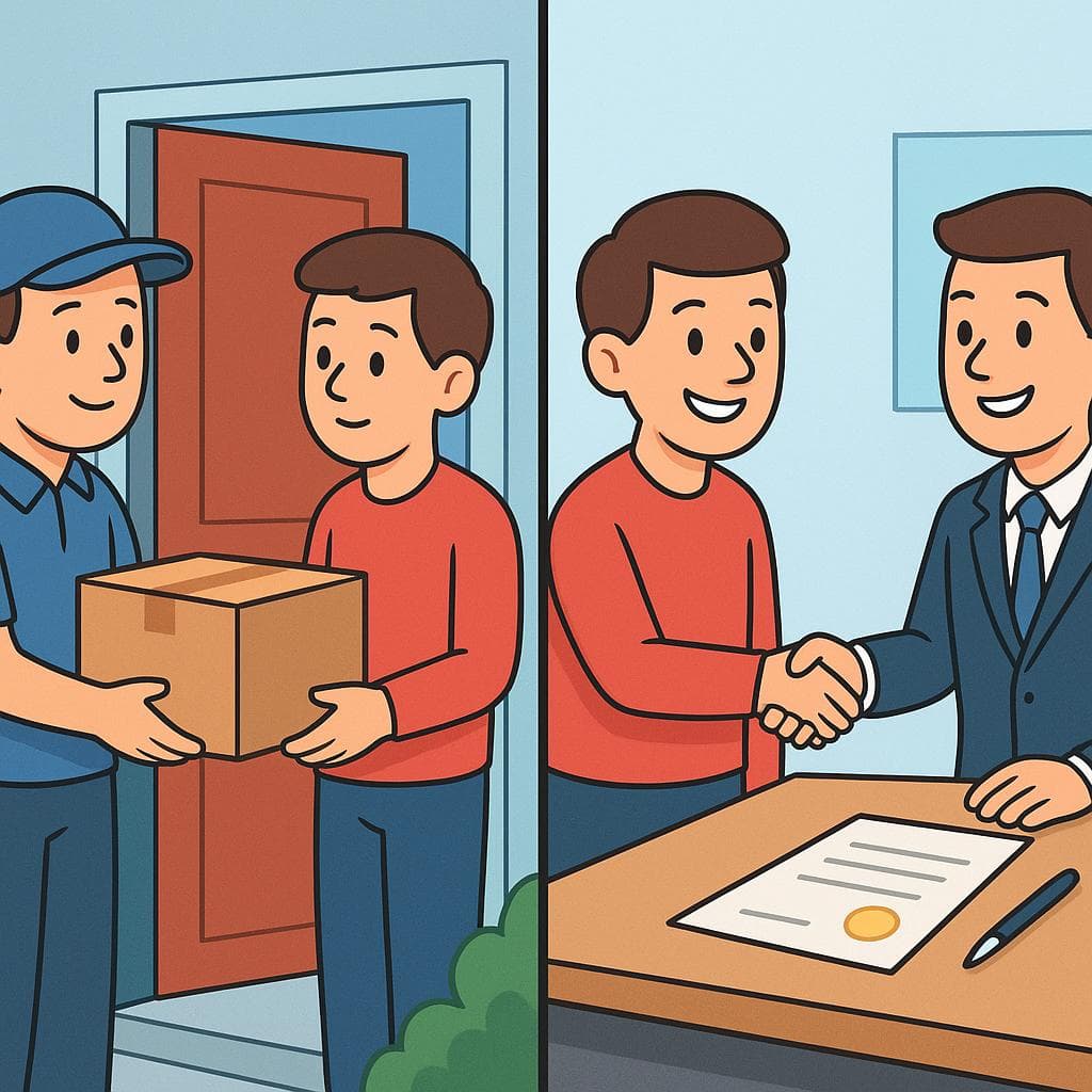 Split-screen showing recibir (passively getting a package) vs aceptar (actively shaking a hand on a deal).
