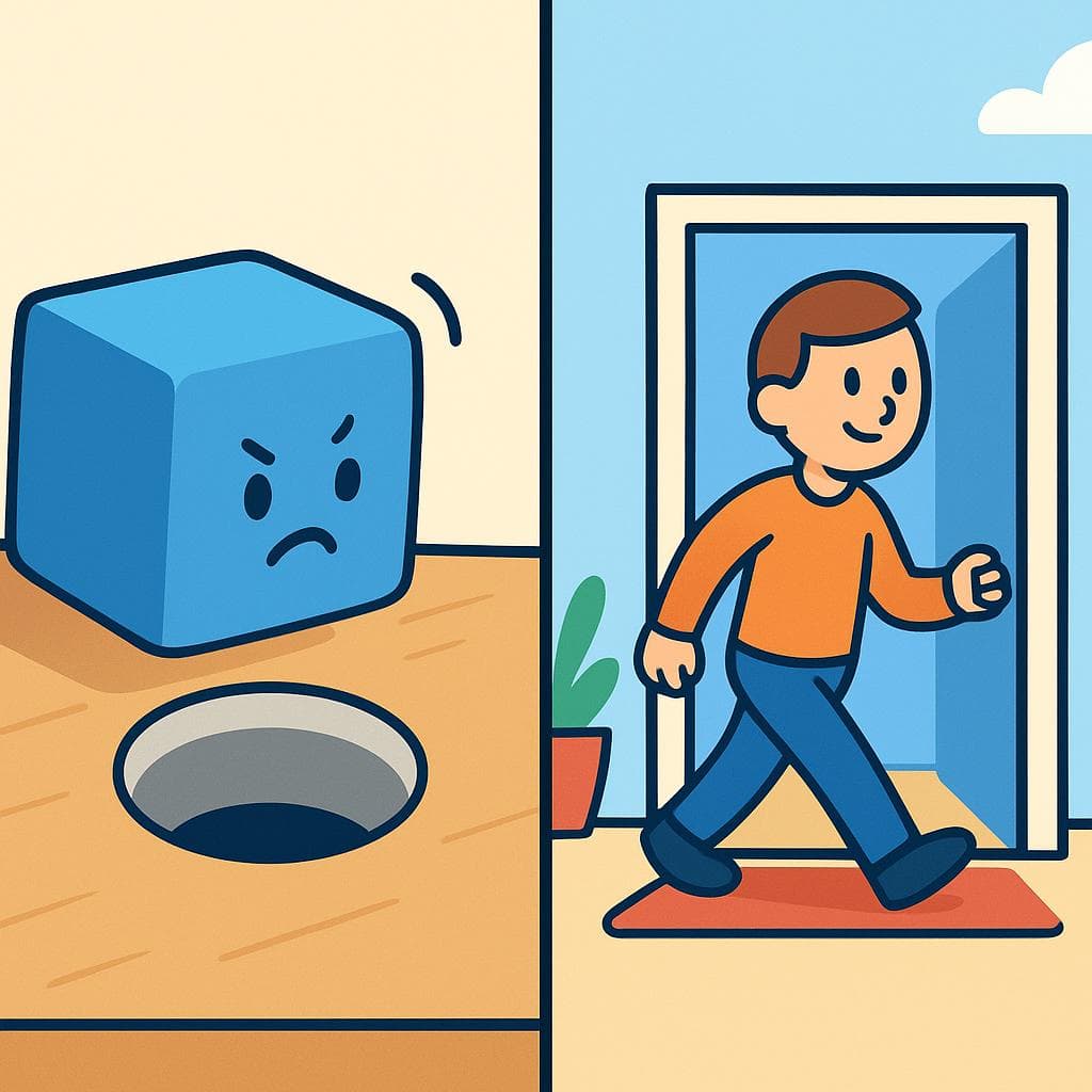 Split-screen showing caber (capacity) vs entrar (action).