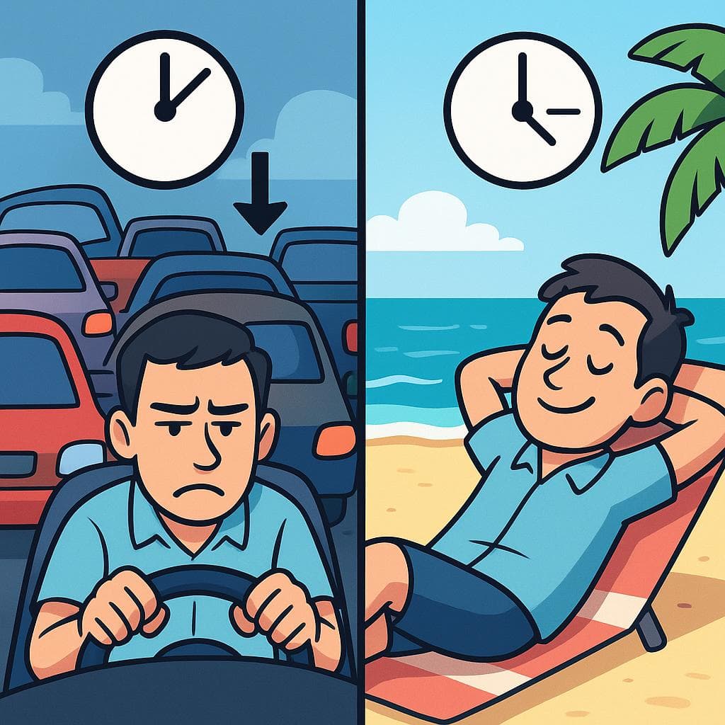 Split-screen cartoon showing gastar (wasting time in traffic) vs pasar (enjoying time on a beach).
