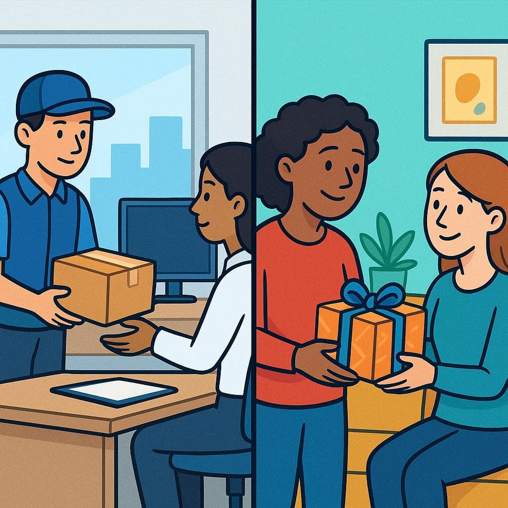 Split-screen showing a formal delivery (entregar) versus a friendly gift-giving (dar).