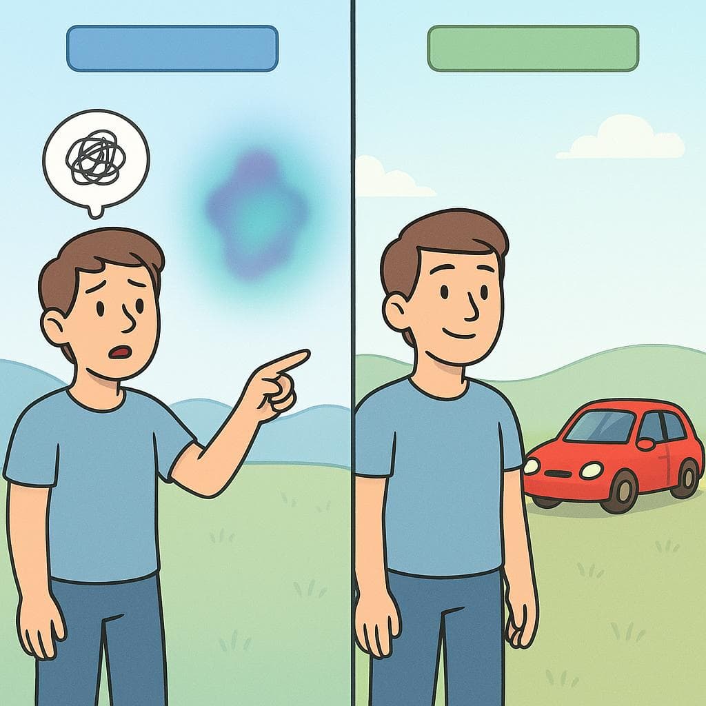 Split-screen showing the difference between aquello (abstract idea) and aquel (specific object).