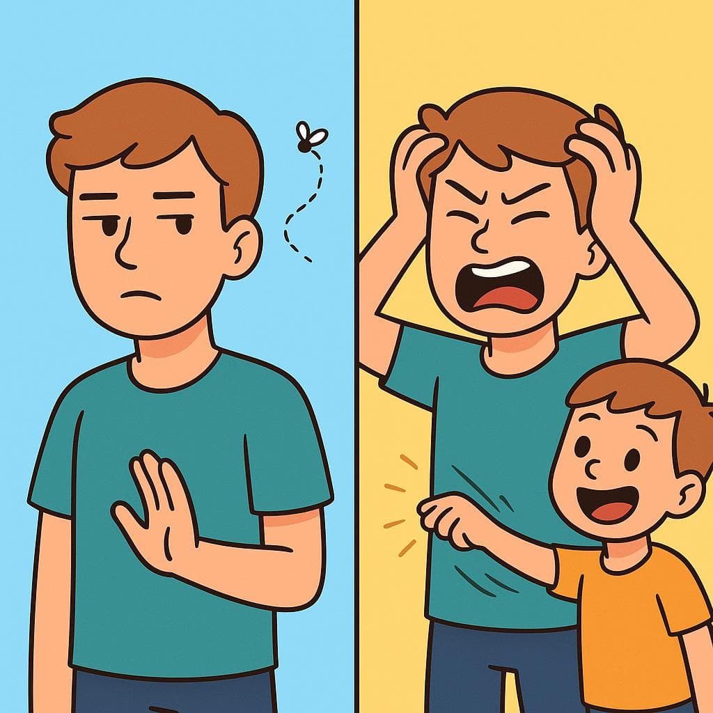 Split-screen cartoon showing molestar (mild annoyance) vs fastidiar (strong frustration).