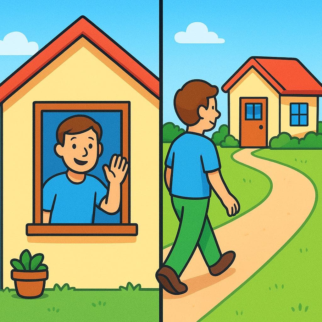 Split-screen comparing 'en' (a person inside a house) versus 'a' (a person walking towards a house).