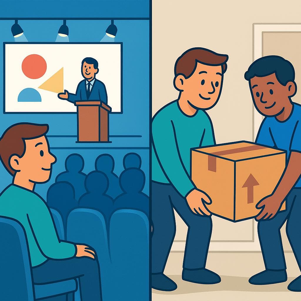 Split-screen showing 'asistir' (to attend) vs 'ayudar' (to help).