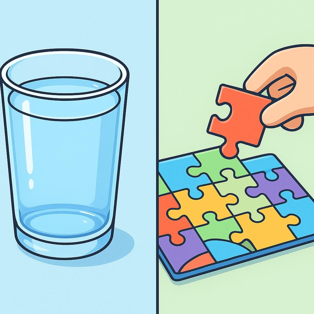 Split-screen showing 'lleno' (a glass full of water) versus 'completo' (a finished jigsaw puzzle).