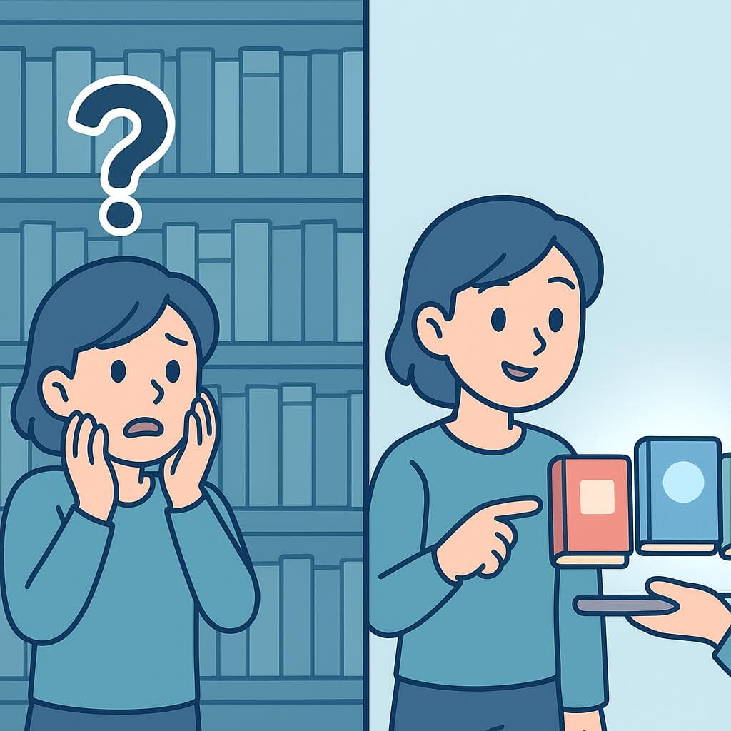 Split-screen cartoon showing 'qué + noun' for general questions vs 'cuál' for selecting from a group.