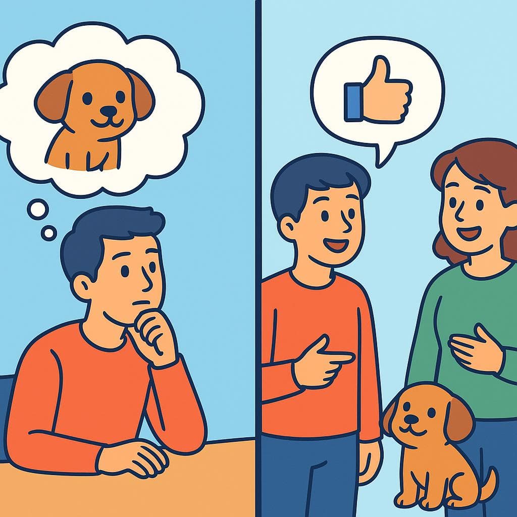 A split-screen showing the difference between 'thinking about' (pensar en) and 'having an opinion of' (pensar de).