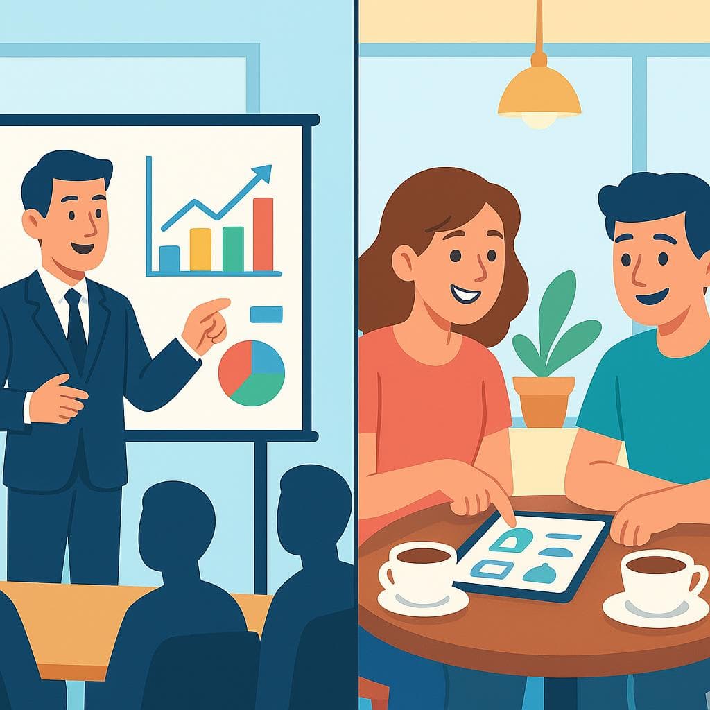 Split-screen showing proponer (a formal proposal in a meeting) vs sugerir (a casual suggestion between friends).