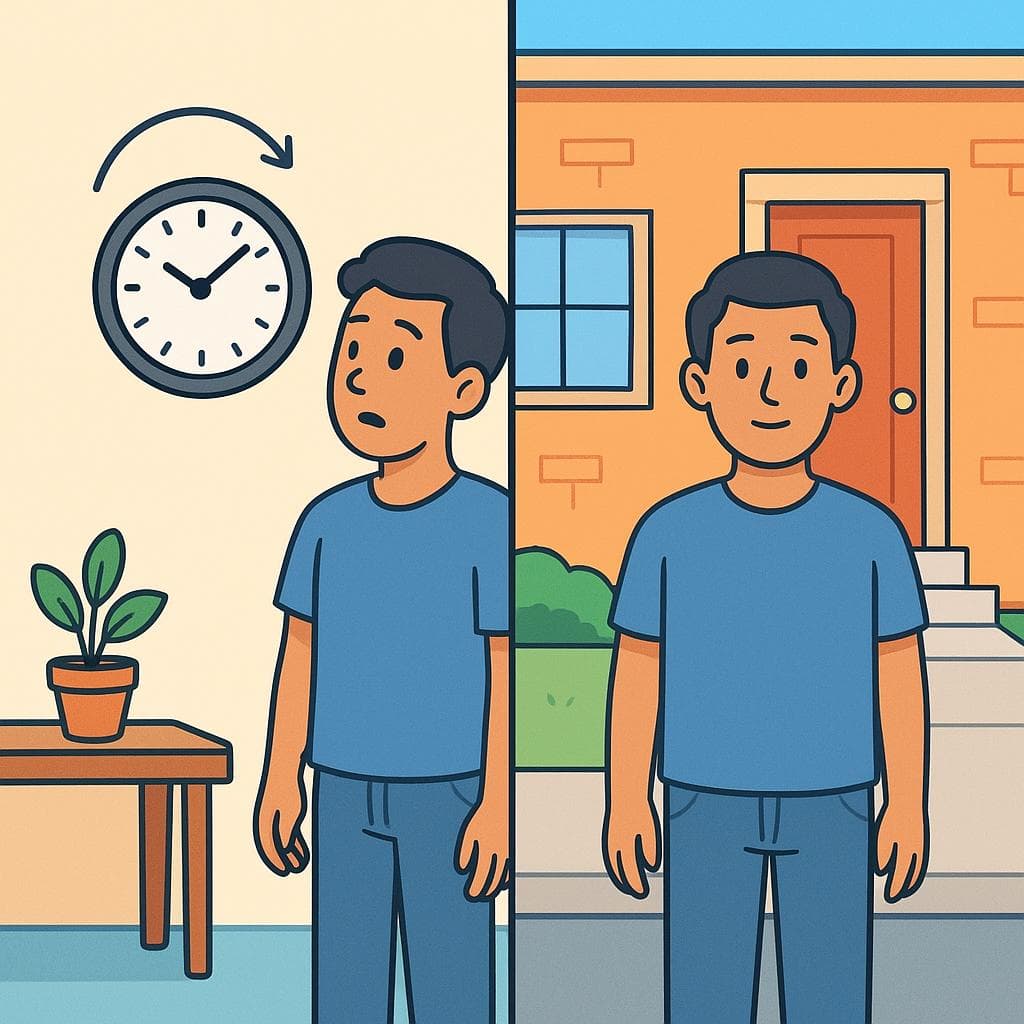 Split-screen showing 'antes de' (time) with a calendar and 'delante de' (space) with a person standing in front of a house.
