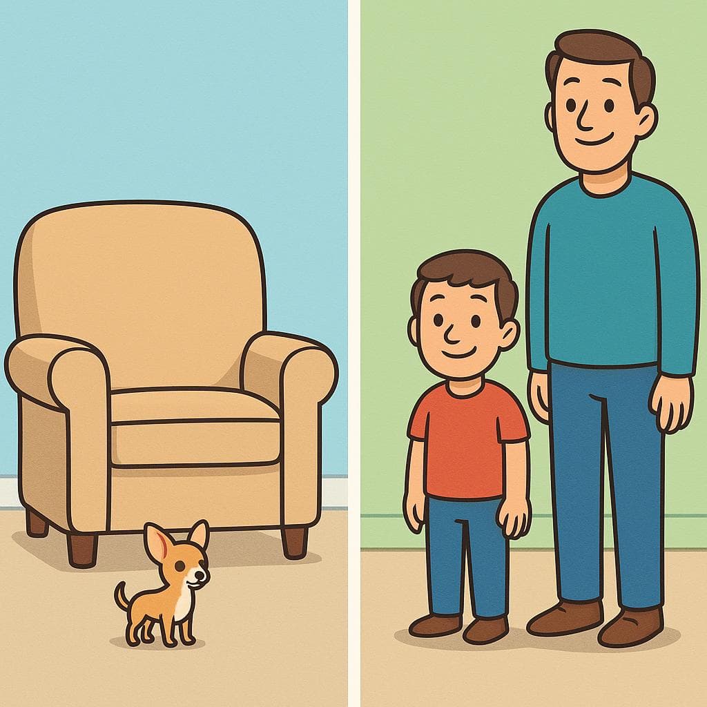 Split screen comparing a small dog (pequeño) to a short man (bajo).