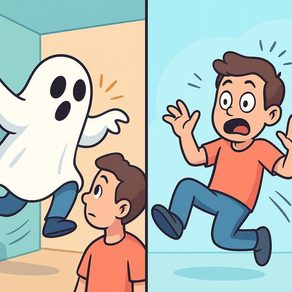 Split-screen cartoon showing the difference between asustar (to scare someone) and asustarse (to get scared).