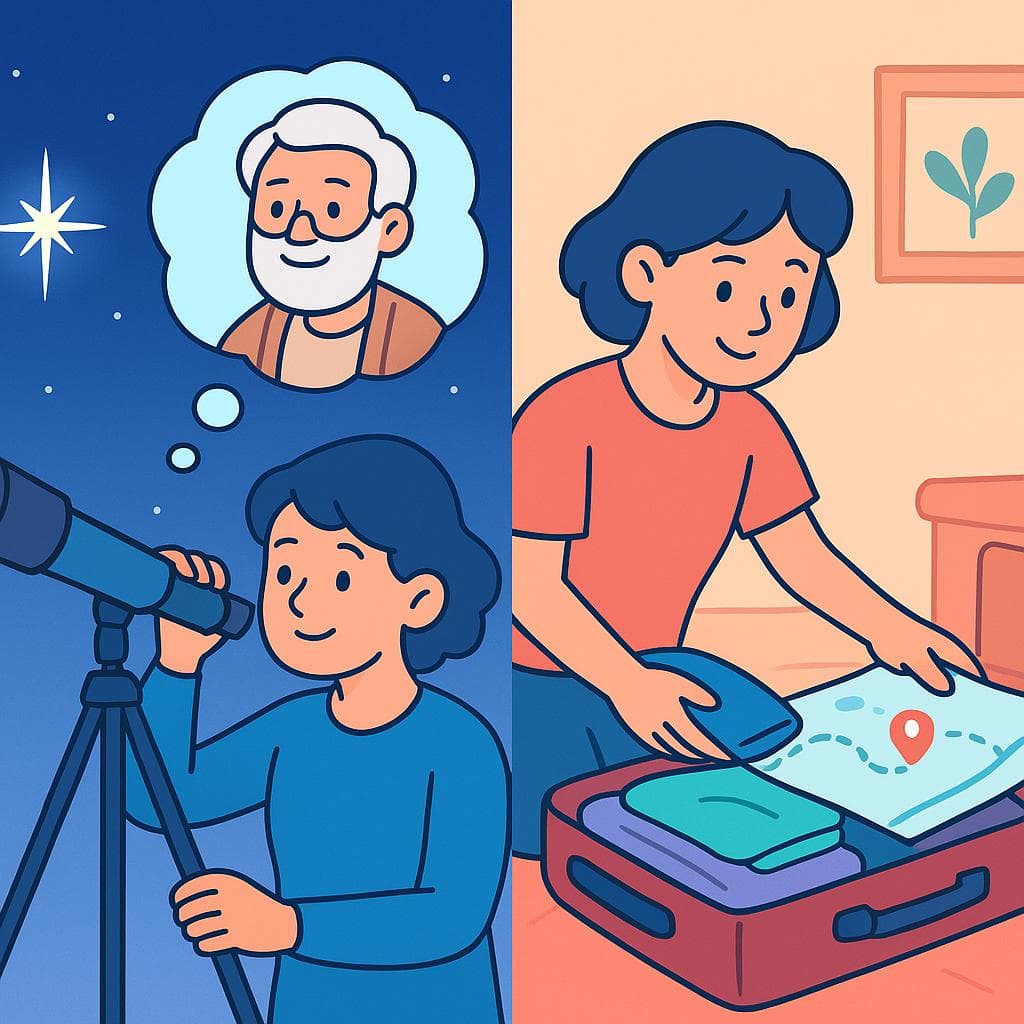 미래 시제(먼 미래 예측)와 'ir a + 동사원형'(가까운 미래 계획)을 비교하는 화면 분할.