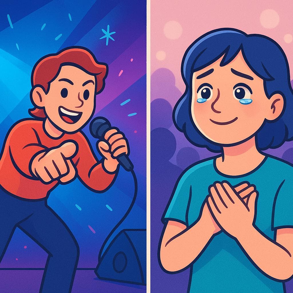 Split-screen showing a rock star causing excitement (emocionar) vs a fan feeling excitement (emocionarse).