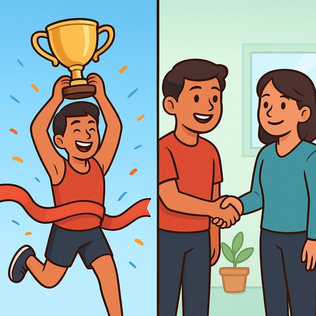 Split-screen showing 'ganar' (winning a trophy) vs 'ganarse' (earning respect with a handshake).