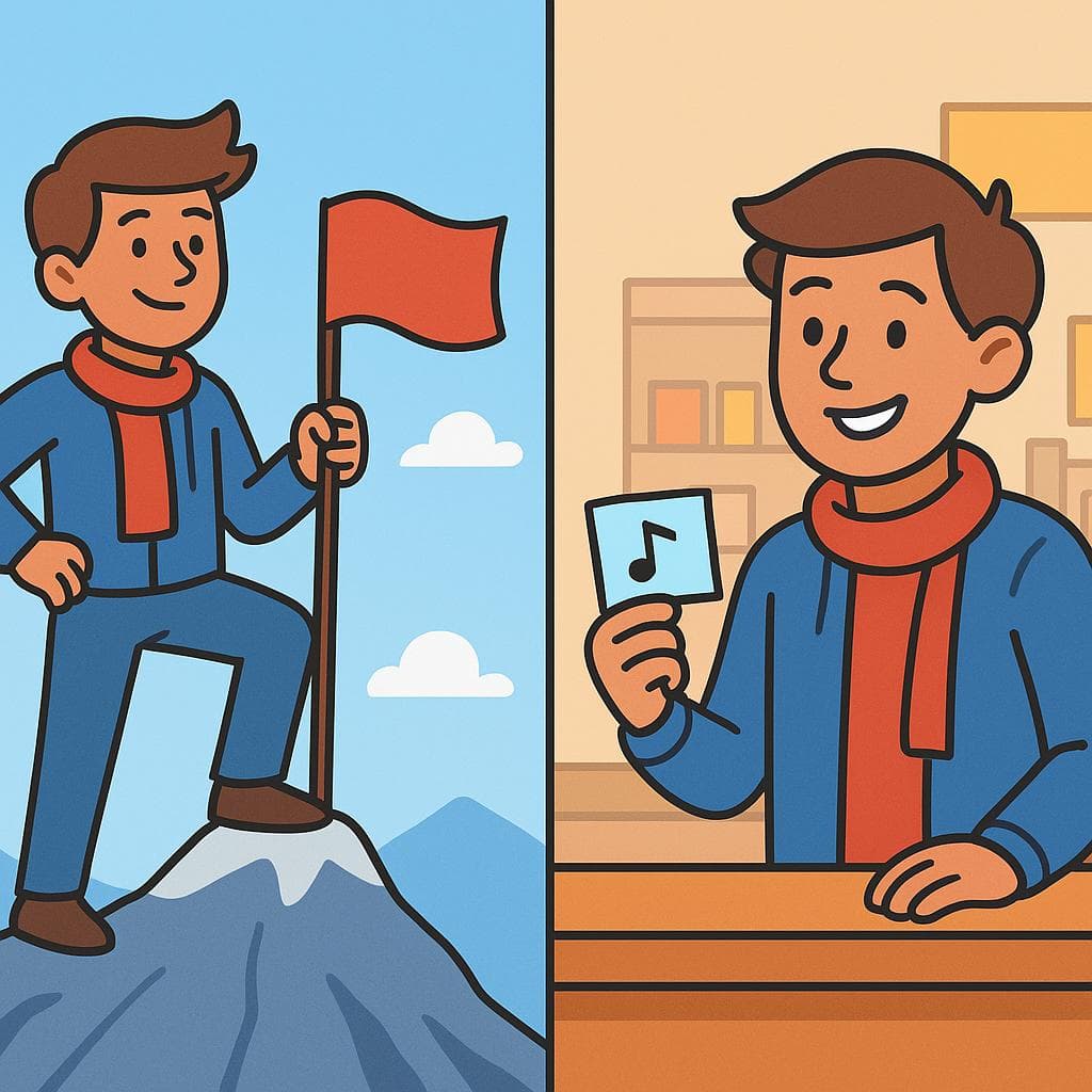 Split-screen showing lograr (achieving a goal) vs conseguir (obtaining an object).