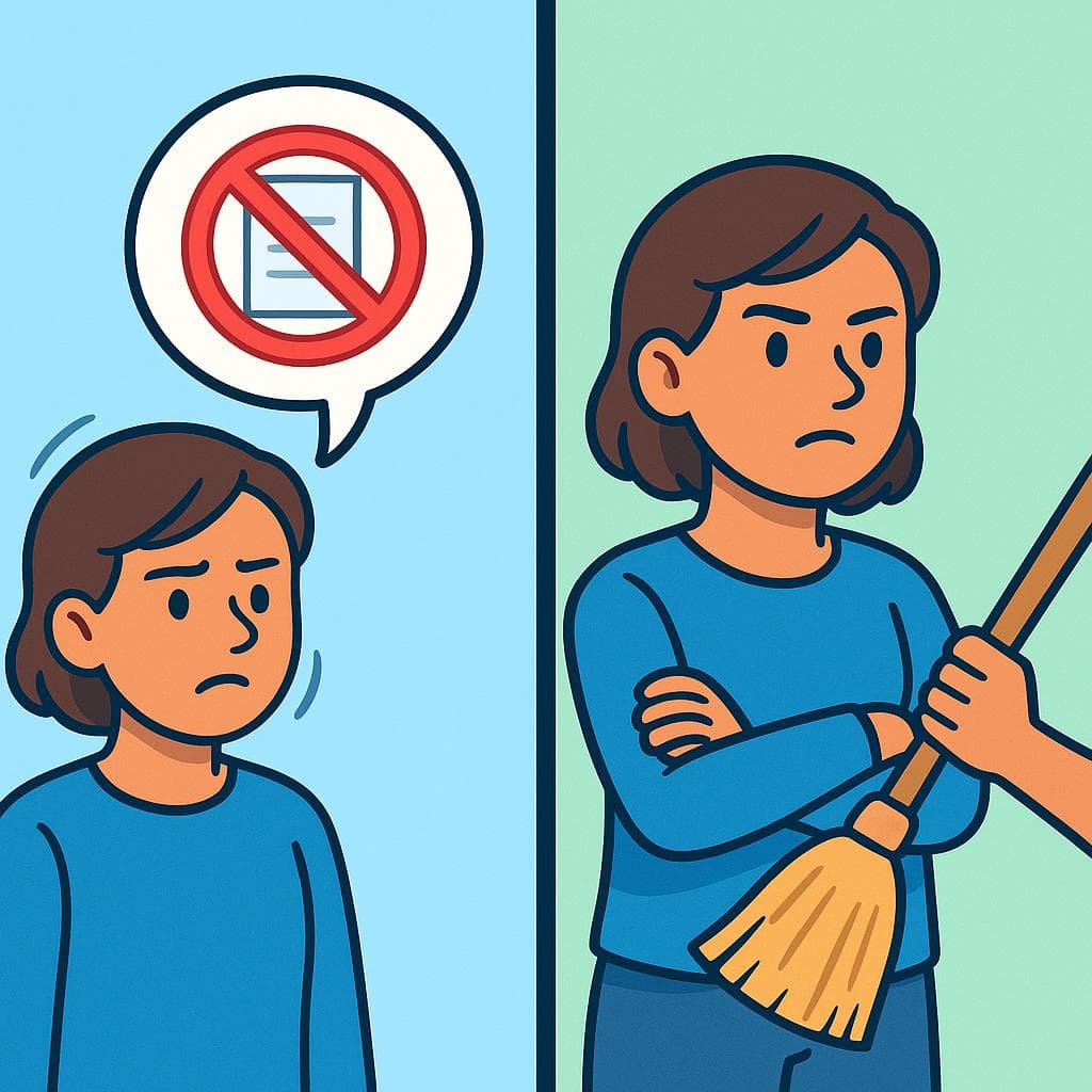 Split-screen comparing negar (denying a fact with words) vs. negarse (refusing an action with body language).