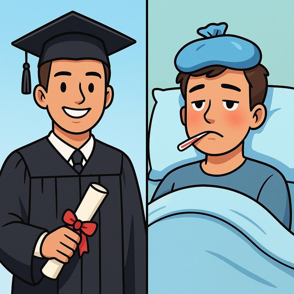 Split-screen image showing ser (a permanent identity like a graduate) versus estar (a temporary state like being sick).