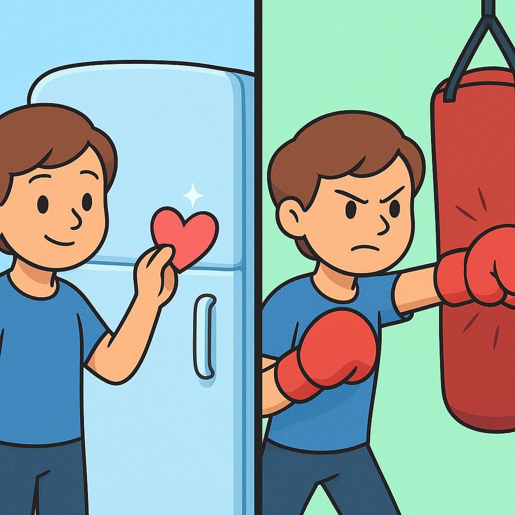 Split-screen showing pegar (sticking a note) vs golpear (punching a bag).