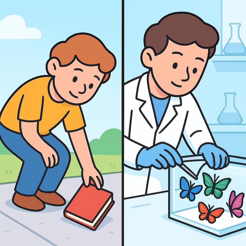 Split-screen showing recoger (a person picking up a dropped book) vs recolectar (a scientist collecting butterfly specimens).