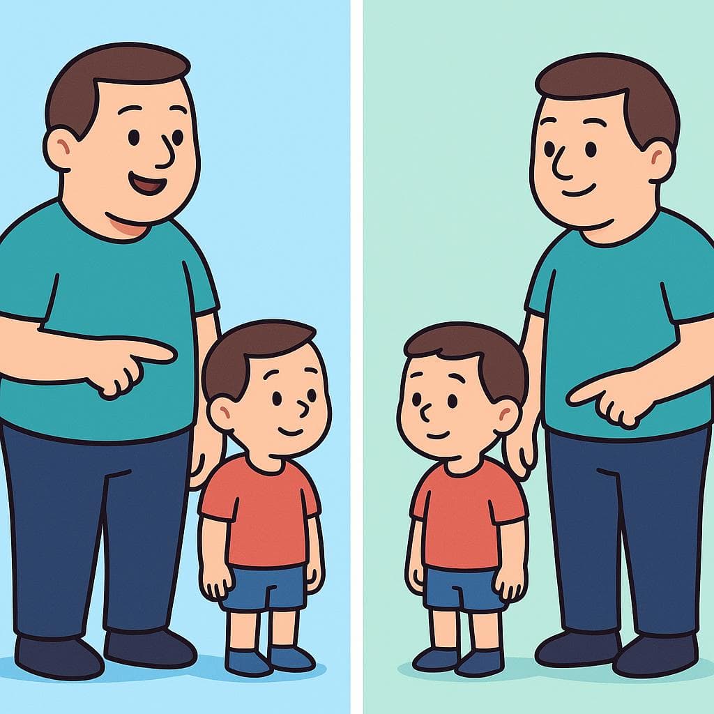 Split-screen graphic showing 'buen' before a masculine noun (a boy) and 'bueno' after it.