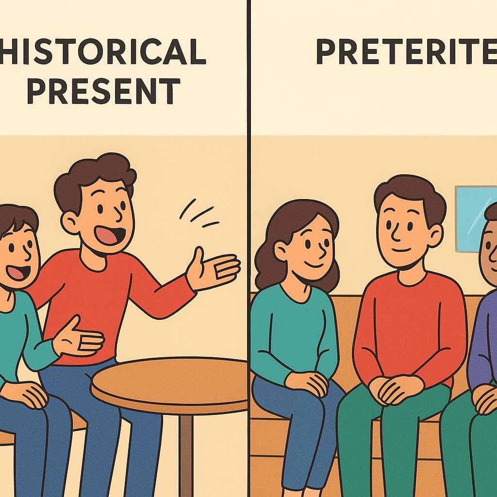 Split-screen showing a person telling a story. On the left (historical present), the listeners are on the edge of their seats. On the right (preterite), the listeners are calmly nodding.