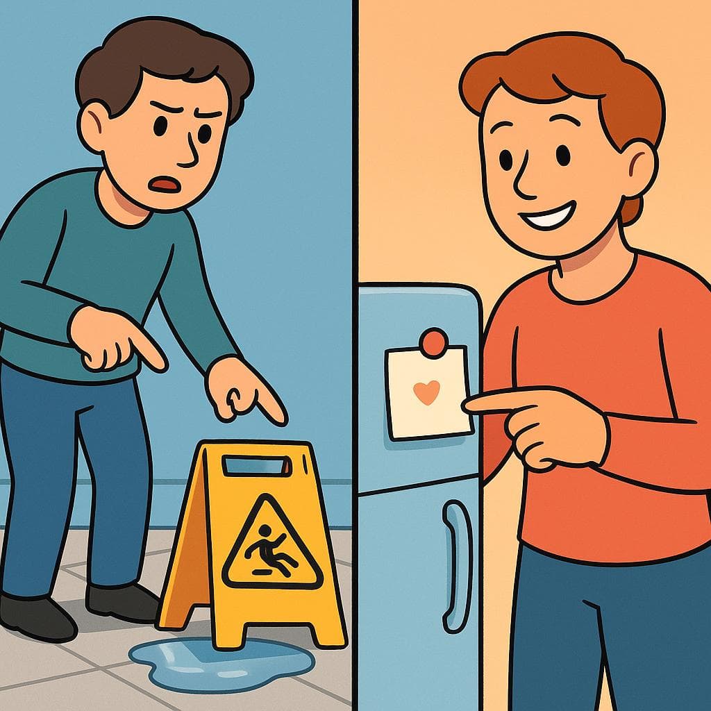 Split-screen showing advertir (warning of danger) vs avisar (giving neutral information).