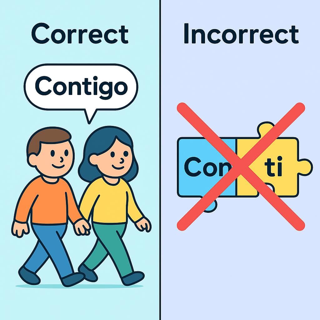 A visual showing 'contigo' as a single, correct puzzle piece and 'con ti' as two separate, incorrect pieces.