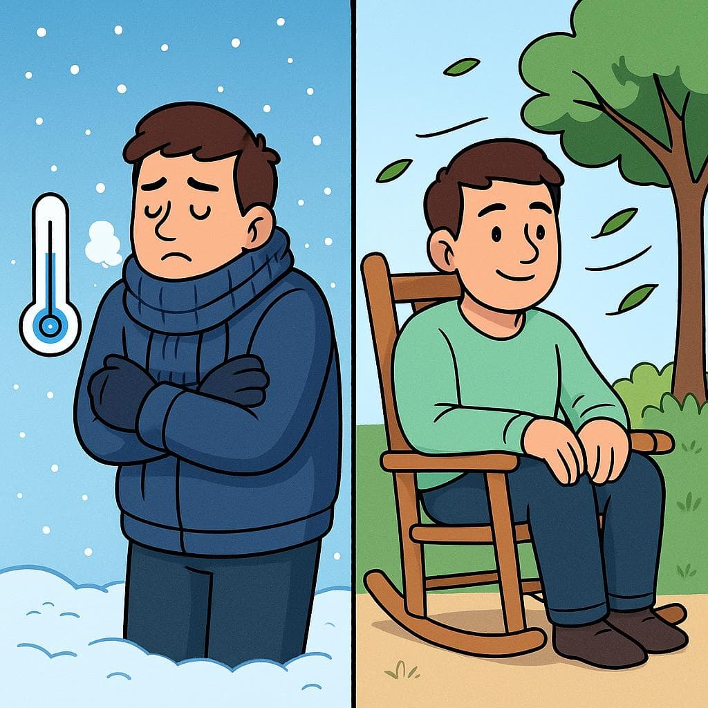Split-screen contrasting a shivering person in the snow ('frío') with a person enjoying a cool breeze ('fresco').